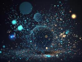 Dark blue and glow particle abstract background Blurry bokeh background with sparkles, particles and glitter created with technology photo