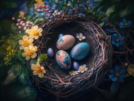 Happy Easter background concept with easter eggs in nest and spring flowers created with technology photo
