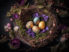 Happy Easter background concept with easter eggs in nest and spring flowers created with technology photo