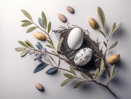 Happy Easter background concept with easter eggs and willow branch on a white background created with technology photo