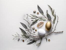 Happy Easter background concept with easter eggs and willow branch on a white background created with technology photo