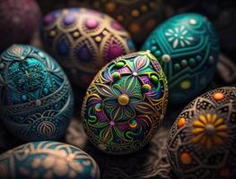 Happy Easter background concept with colorful easter eggs flat lay created with technology photo