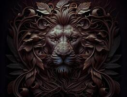 Close-up portrait of Lion in a wooden carved frame with plant elements background technology photo