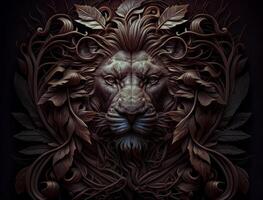 Close-up portrait of Lion in a wooden carved frame with plant elements background technology photo