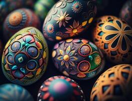 Happy Easter background concept with colorful easter eggs flat lay created with technology photo