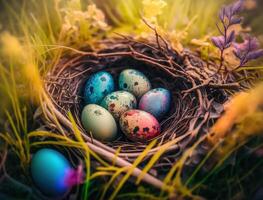 Happy Easter background concept with easter eggs in nest and spring flowers created with technology photo