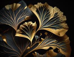 Ginkgo biloba golden leaves Dark background created with technology photo