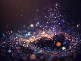 Dark blue and glow particle abstract background Blurry bokeh background with sparkles, particles and glitter created with technology photo