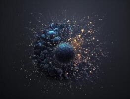 Dark blue and glow particle abstract background Blurry bokeh background with sparkles, particles and glitter created with technology photo