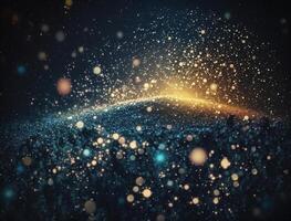 Dark blue and glow particle abstract background Blurry bokeh background with sparkles, particles and glitter created with technology photo
