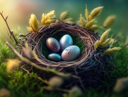 Happy Easter background concept with easter eggs in nest and spring flowers created with technology photo