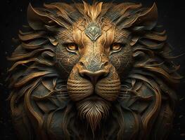 Close-up portrait of fantasy Lion with oriental ornament elements technology photo