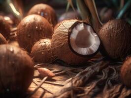 Beautiful organic background of freshly picked coconuts created with technology photo