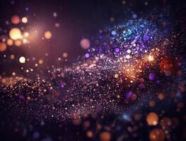 Dark blue and glow particle abstract background Blurry bokeh background with sparkles, particles and glitter created with technology photo