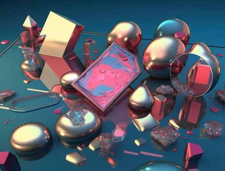 Vibrant pink and gold abstract composition of colorful circular shapes arranged in a grid pattern was created with technology photo