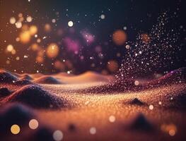 Dark blue and glow particle abstract background Blurry bokeh background with sparkles, particles and glitter created with technology photo