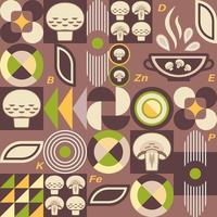 Mushroom background with design elements in simple geometric style. Seamless pattern. Good for branding, decoration of food package, cover design, decorative print, background. Vector illustration