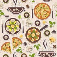 sin costura modelo con seta comidas. pizza, sopa, crudo, frito champiñones texturizado antecedentes. sencillo geométrico estilo. bueno para marca, decoración de comida paquete, cubrir diseño, decorativo huellas dactilares vector