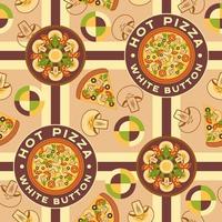 Checkered background with mushroom pizza. Logo, elements in simple geometric style. Seamless pattern. Good for branding, decoration of food package, cover design, decorative print, background. vector