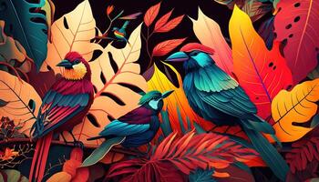 Abstract natural background. Fluorescent exotic with colorful birds photo