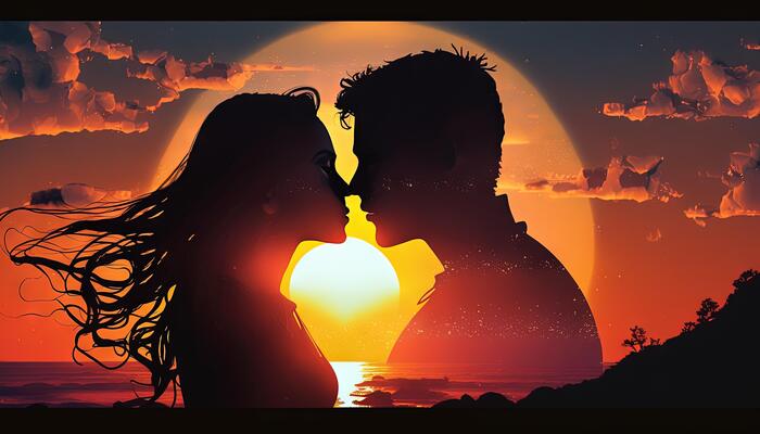 Couple in love, profile silhouettes close to each other, beautiful