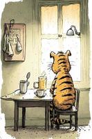 Tired Tiger is drinking coffee cartoon style painting photo