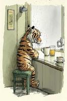 Tired Tiger is drinking coffee cartoon style painting photo