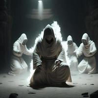 warrior monks in all white robes and hoods meditate photo