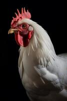 close up of white rooster on black background photo