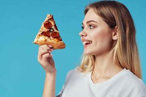 woman with pizza fast food delivery snack fun blue background photo