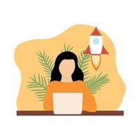 Vector illustration of a woman behind a laptop starting a project