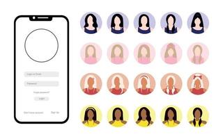 conjunto de mujer avatares para perfil. iniciar sesión autenticación concepto en teléfono inteligente pantalla vector