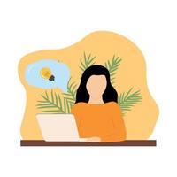 The girl sits at a laptop and thinks about an idea. Idea creation concept, innovative thinking, creativity vector