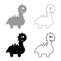 Funny dragon cute character dinosaur dino set icon grey black color vector illustration image solid fill outline contour line thin flat style