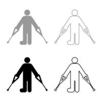 Man with broken leg crutch cane gypsum foot stick using sticks person crutches trauma concept set icon grey black color vector illustration image solid fill outline contour line thin flat style