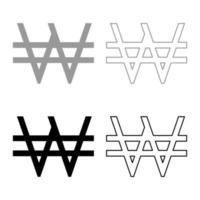 Symbol won Korea money sign KRW currency monetary set icon grey black color vector illustration image solid fill outline contour line thin flat style