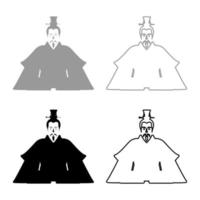 Emperor Japan China silhouette Chinese nobility Japanese ancient character avatar imperial ruler set icon grey black color vector illustration image solid fill outline contour line thin flat style