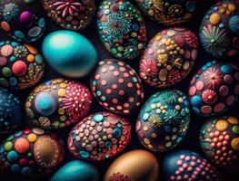 Happy Easter background concept with colorful easter eggs flat lay created with technology photo