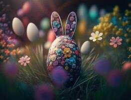 Happy Easter background concept Bunny with easter eggs on meadow with flowers created with technology photo