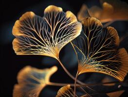 Ginkgo biloba golden leaves Dark background created with technology photo