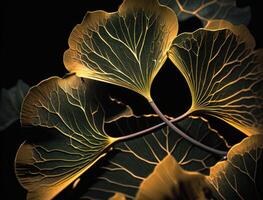 Ginkgo biloba golden leaves Dark background created with technology photo