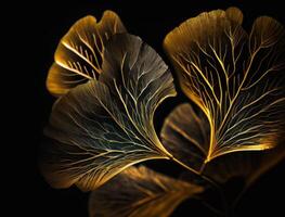 Ginkgo biloba golden leaves Dark background created with technology photo