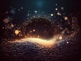 Dark blue and glow particle abstract background Blurry bokeh background with sparkles, particles and glitter created with technology photo