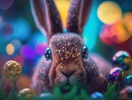 Happy Easter background concept Bunny with easter eggs on meadow with flowers created with technology photo