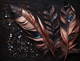 Flat lay bird feathers rose gold sequins and rhinestones black wood texture holographic high detail top view created with technology photo
