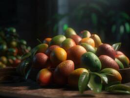 Beautiful organic background of freshly picked mango created with technology photo