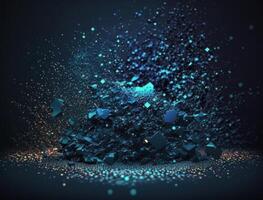 Dark blue and glow particle abstract background Blurry bokeh background with sparkles, particles and glitter created with technology photo