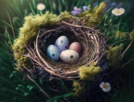 Happy Easter background concept with easter eggs in nest and spring flowers created with technology photo