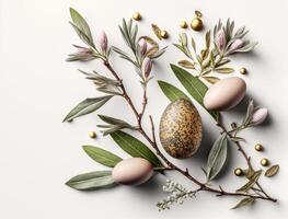 Happy Easter background concept with easter eggs and willow branch on a white background created with technology photo