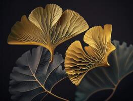 Ginkgo biloba golden leaves Dark background created with technology photo